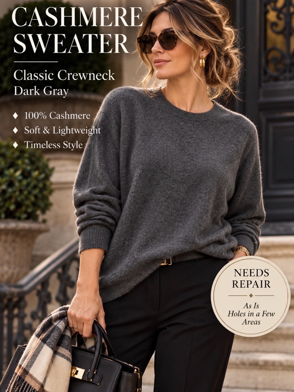 Gray - cashmere crew neck sweater- as is, holes - medium